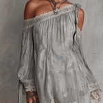 Light Gray Paisley Print Chiffon One Shoulder Lace Trim Mini Dress