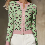 Green Leopard Print Button Up Cardigan With Pink Trim