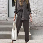 Casual Solid Color V-Neck Shirt & Pants Cotton Linen Two-Piece Set