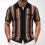 KZZ Men's Summer Casual Knitted Cardigan-Style Polo Shirt — Short Sleeve, Turn-down Collar, Striped