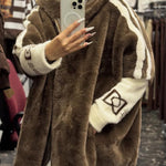 Plush Hooded Vertical Stripe Printed Casual Coat