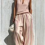 Casual sleeveless top and loose striped trousers set