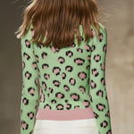 Green Leopard Print Button Up Cardigan With Pink Trim