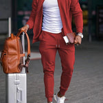 KZZ Men's Solid Zip Up Pocket Jacket & Drawstring Waist Pants Sportswear Set