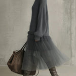 24-Hour-Shipping Gray Mohair And Tulle Panel Maxi Dress