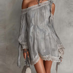 Light Gray Paisley Print Chiffon One Shoulder Lace Trim Mini Dress