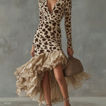 24-Hour-Shipping Leopard Print Ruffled High Low Midi Dress