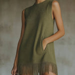 24-Hour-Shipping Olive Green Sleeveless Knit Mini Dress With Fringe Hem