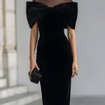 Dramatic Black Velvet Bow Midi Dress