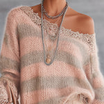 Pink And Taupe Striped Mohair Sweater With Lace Trim