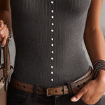Gray Ribbed Knit Sleeveless Vest With Pearl Button Detailing