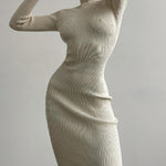 High Collar Mid-length Pitted Knitted Dresses Women's Solid Color Knitted Dress