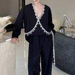 French V-neck Beaded Loose Shirt
