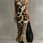 24-Hour-Shipping Brown Irregular Leopard Print Knitted Tassel Sleeveless Maxi Dress