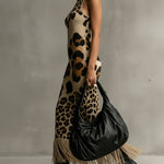 24-Hour-Shipping Brown Irregular Leopard Print Knitted Tassel Sleeveless Maxi Dress