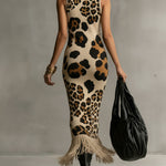 24-Hour-Shipping Brown Irregular Leopard Print Knitted Tassel Sleeveless Maxi Dress
