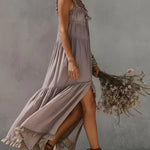 Purple Lace Trimmed Linen Maxi Dress