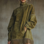 24-Hour-Shipping Olive Faux Suede Turtleneck Dress With Fringe Hem