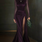 24-Hour-Shipping Emerald Green Velvet Mesh Sleeve High Slit Maxi Dress