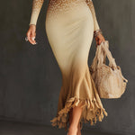 Light Brown Leopard Print Ombre Knit Fringed Hem Maxi Dress