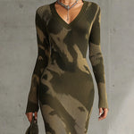 Yohers Olive Camo Knit V-Neck Fringe Hem Bodycon Dress