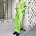 Collarless Casual Tie-up Suit Jacket and Slim-fit Trousers Two-piece Set