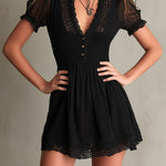 Classic Muse Smocked Lace-Trim Black  Mini Dress