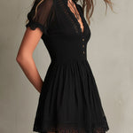 Classic Muse Smocked Lace-Trim Black  Mini Dress