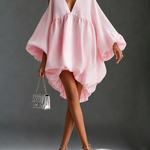 Baby Pink Chffion Deep V Cold Shoulder Mini Dress Puffy Balloon Sleeve Babydoll Party Dress