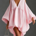 Baby Pink Chffion Deep V Cold Shoulder Mini Dress Puffy Balloon Sleeve Babydoll Party Dress