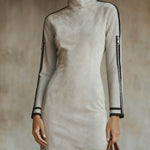 24-Hour-Shipping Gray Faux Suede Mock Neck Mini Dress With Zip Sleeve Detail