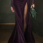 24-Hour-Shipping Emerald Green Velvet Mesh Sleeve High Slit Maxi Dress