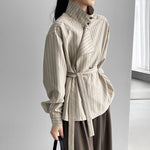 Striped Stand Collar Tie-Waist Long Sleeve Shirt