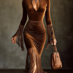24-Hour-Shipping Brown Velvet Turtleneck Cutout Fringe Long Sleeve Bodycon Dress