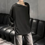 Asymmetrical Shoulder Straps Textured Long-Sleeve T-Shirt