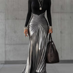24-Hour-Shipping Black Round Neck Metallic Silver Pleated Maxi Dress