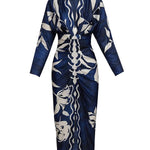 Unique Print Dolman Long Sleeve Ruched Slit Midi Dress