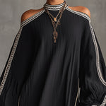 Black Boho Cold Shoulder Lantern Sleeve Linen Mini Dress