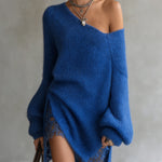 24-Hour-Shipping Blue Off‑Shoulder Mohair Sweater Dress With Lace Hem