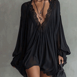 Black Chiffon Halter Mini Dress With Lace Neckline