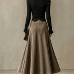 Black lace-trimmed top and faux-suede flared maxi skirt set