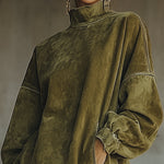 24-Hour-Shipping Olive Faux Suede Turtleneck Dress With Fringe Hem