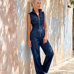 Samantha | Zip Front Sleeveless Denim Wide Leg Jumpsuit