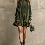 Elegant Olive Green Pleated Mini Dress with High Neck, Ruffle Hem & Rose Detail