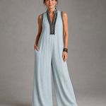 Velmira | Embroidered V Neck Sleeveless Wide Leg Jumpsuit