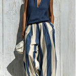 Casual sleeveless top and loose striped trousers set