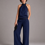 Zephyrine | Contrast Trim Halter Neck Wide Leg Jumpsuit