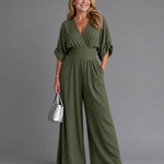 Emene | Draped V Neck Wide Leg Relaxed Jumpsuit