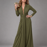 Vimmer | Draped Deep V Neck Long Sleeve Maxi Dress