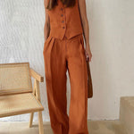 Classic V-neck Pleated Cotton and Linen Wide-leg Pants Suit